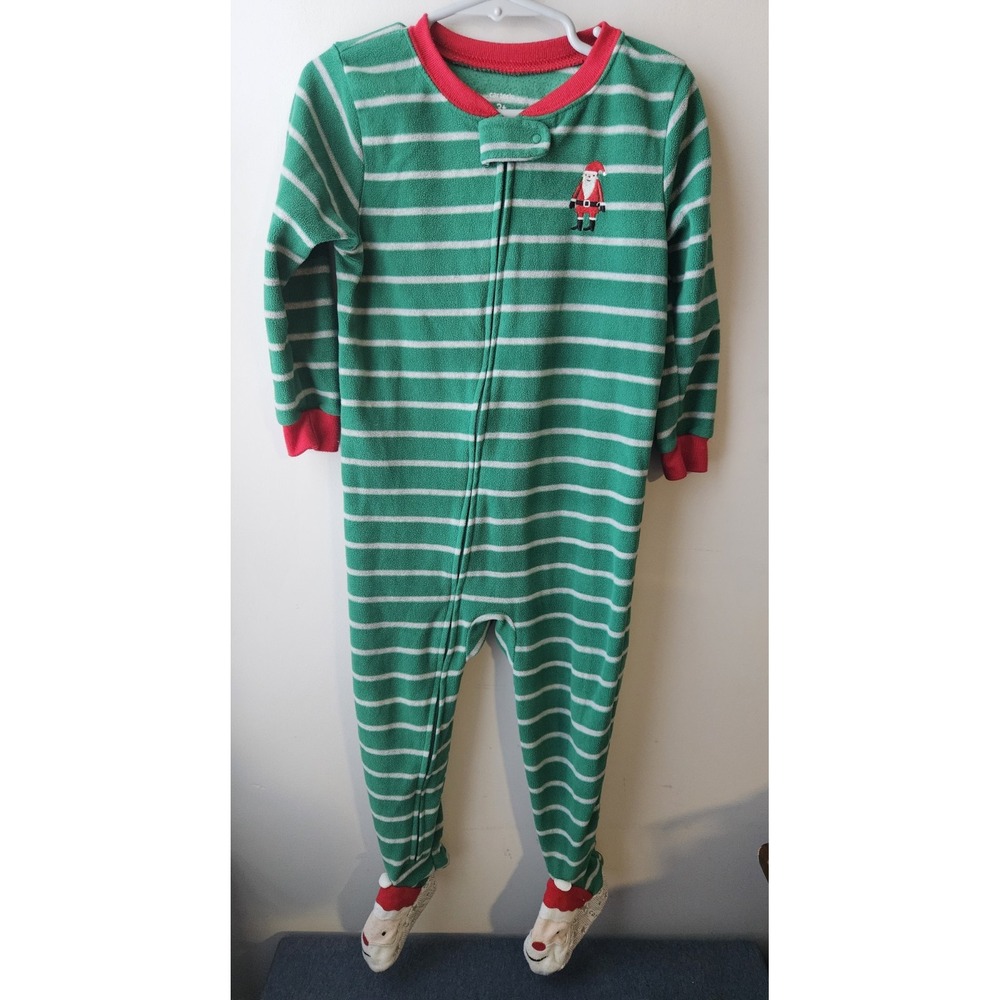 Carter's 3T Green Striped Santa Fleece Footed Pajamas Zip Sleeper‎ Christmas
